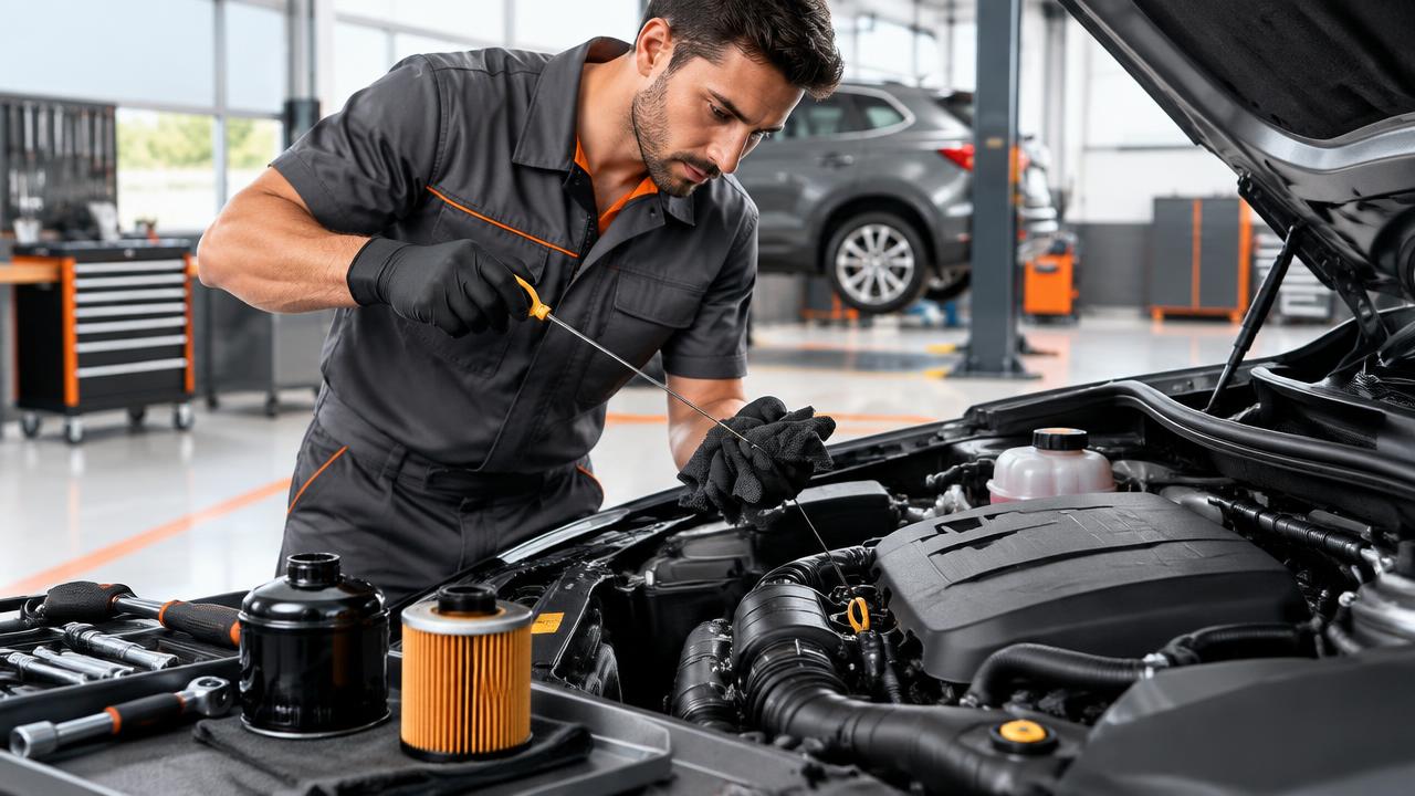 Mecânico realizando revisão periódica no motor de um veículo